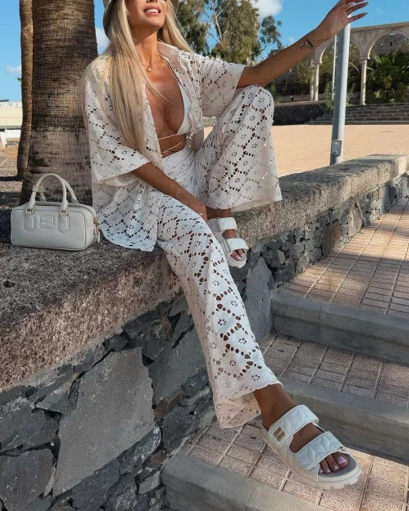 Fashion Hollow Lace Short Sleeve Trousers Set