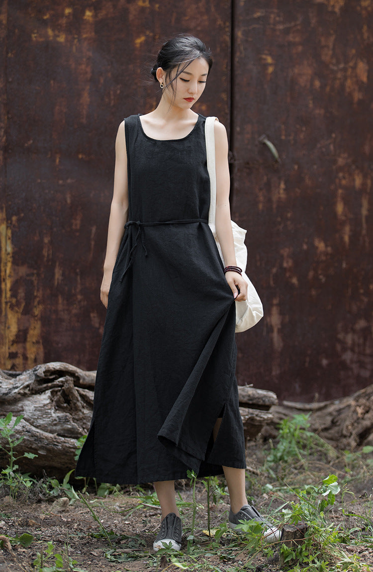 Simple Ramie Sleeveless Lace-up Midi Dress