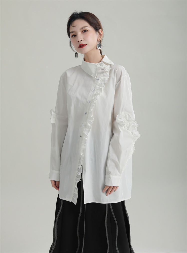 Special Asymmetric Collar Solid Color Long Sleeve Shirt