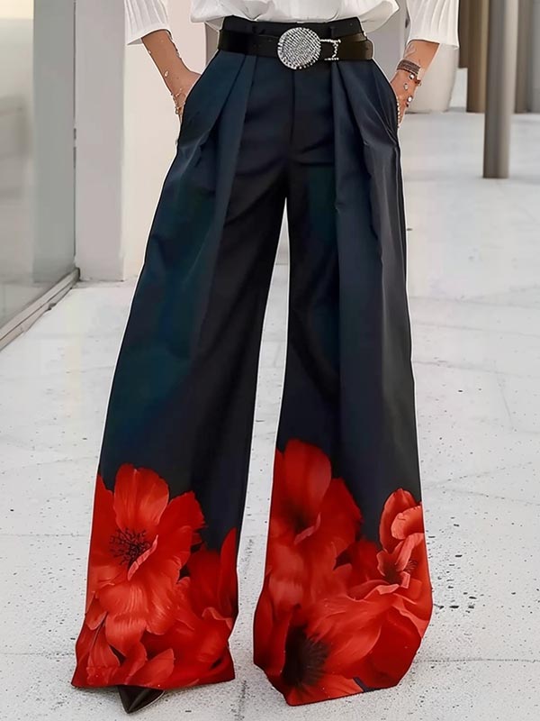 High Waisted Loose Floral Printed Pleated Split-Joint Pants Trousers