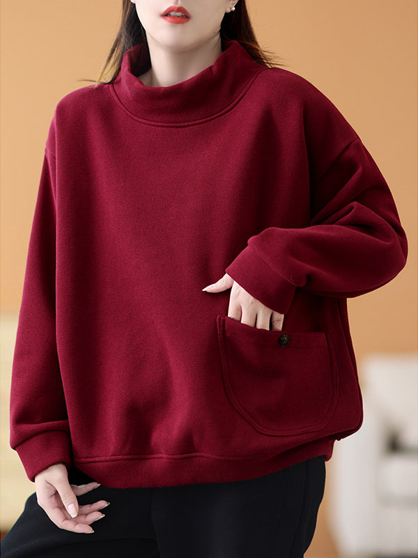 Casual Solid Color High Collar Velvet Sweatshirt