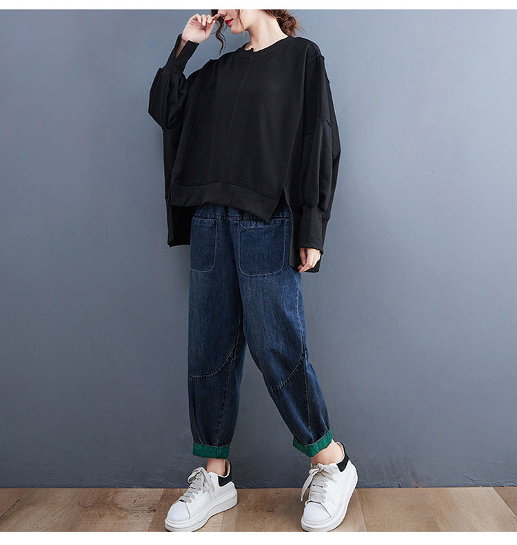 Asymmetric Solid Color Round Neck Long Sleeve Sweater