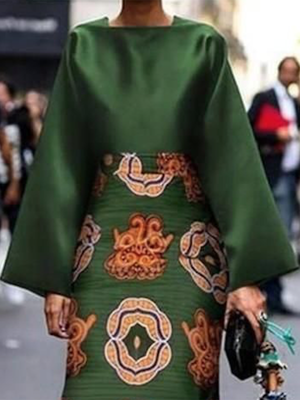 Long Sleeves Printed Round-Neck Midi Dresses