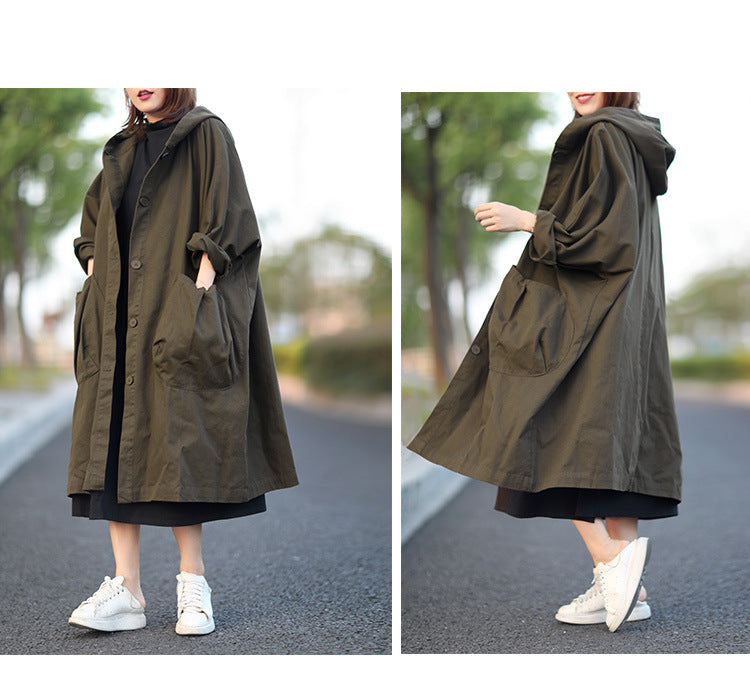 Cool Solid Color Hooded Long Windbreaker Coat
