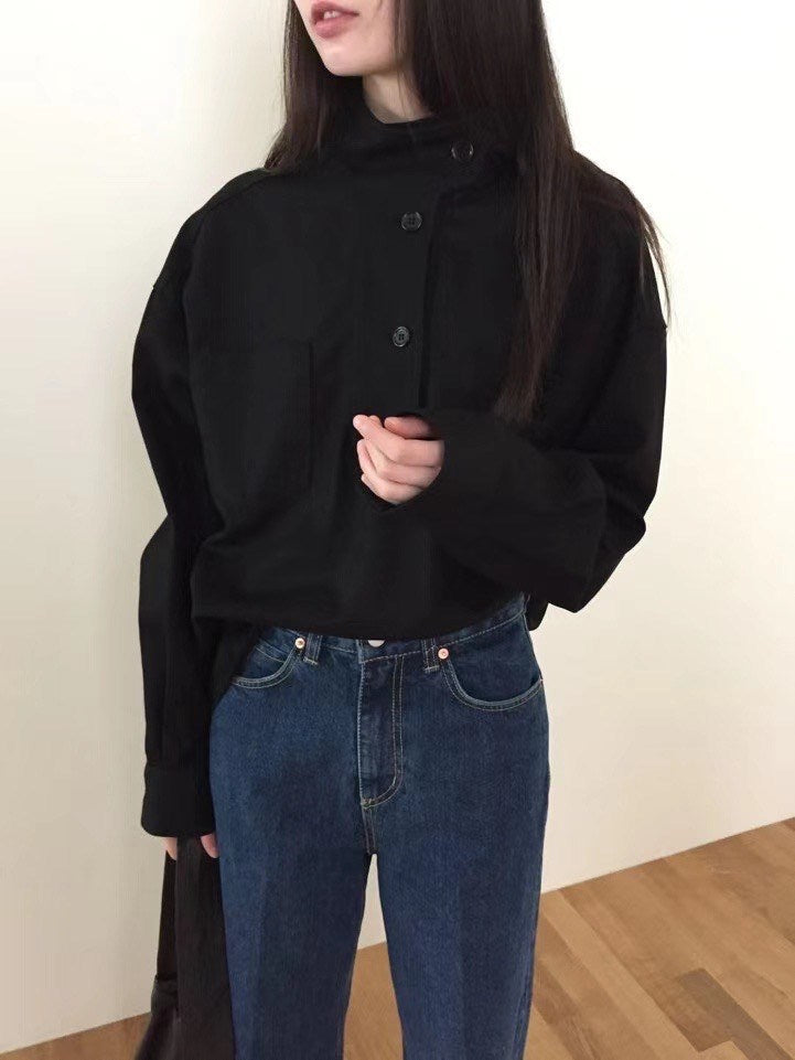 Niche Design Solid Color Stand Collar Long Sleeve Shirt