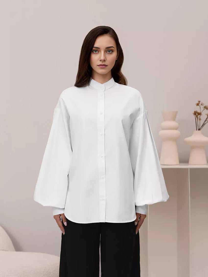 Minimalist Solid Color Lantern Sleeve Lapel Shirt