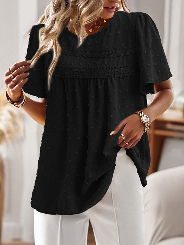 Loose Short Sleeves Hollow Jacquard Pleated Solid Color Split-Joint Round-Neck T-Shirts Tops
