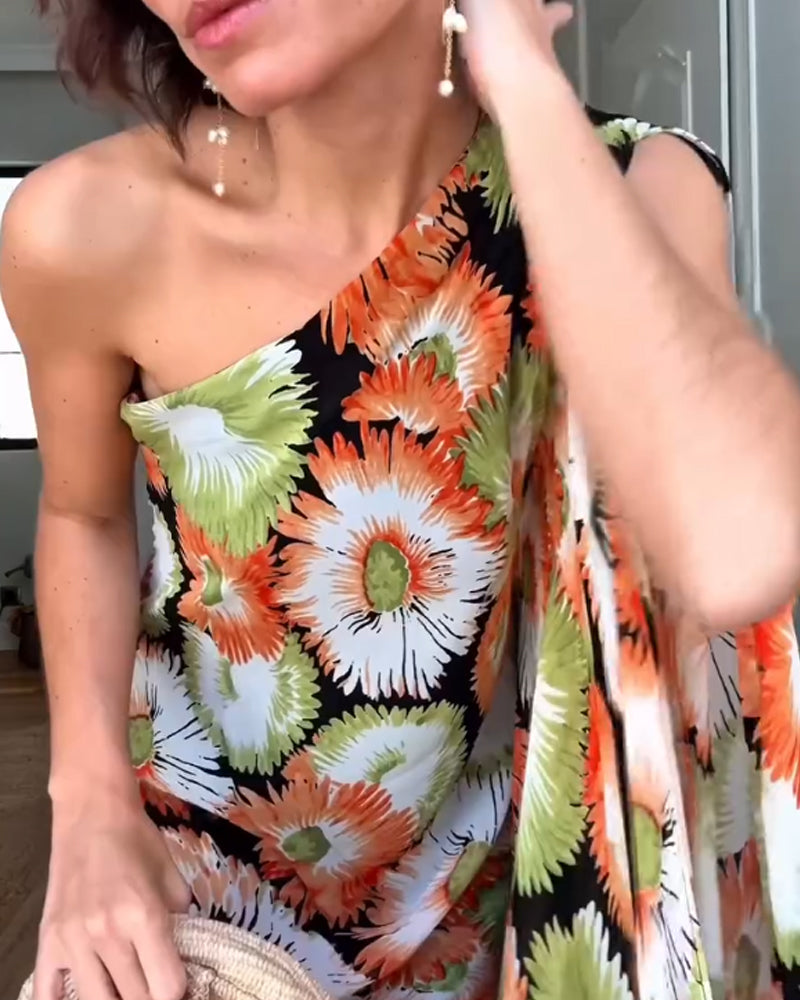 Elegant Slanted Shoulder Floral Dress