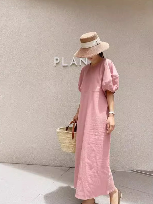 Vintage Lantern Sleeve Round Neck Cotton Linen Maxi Dress