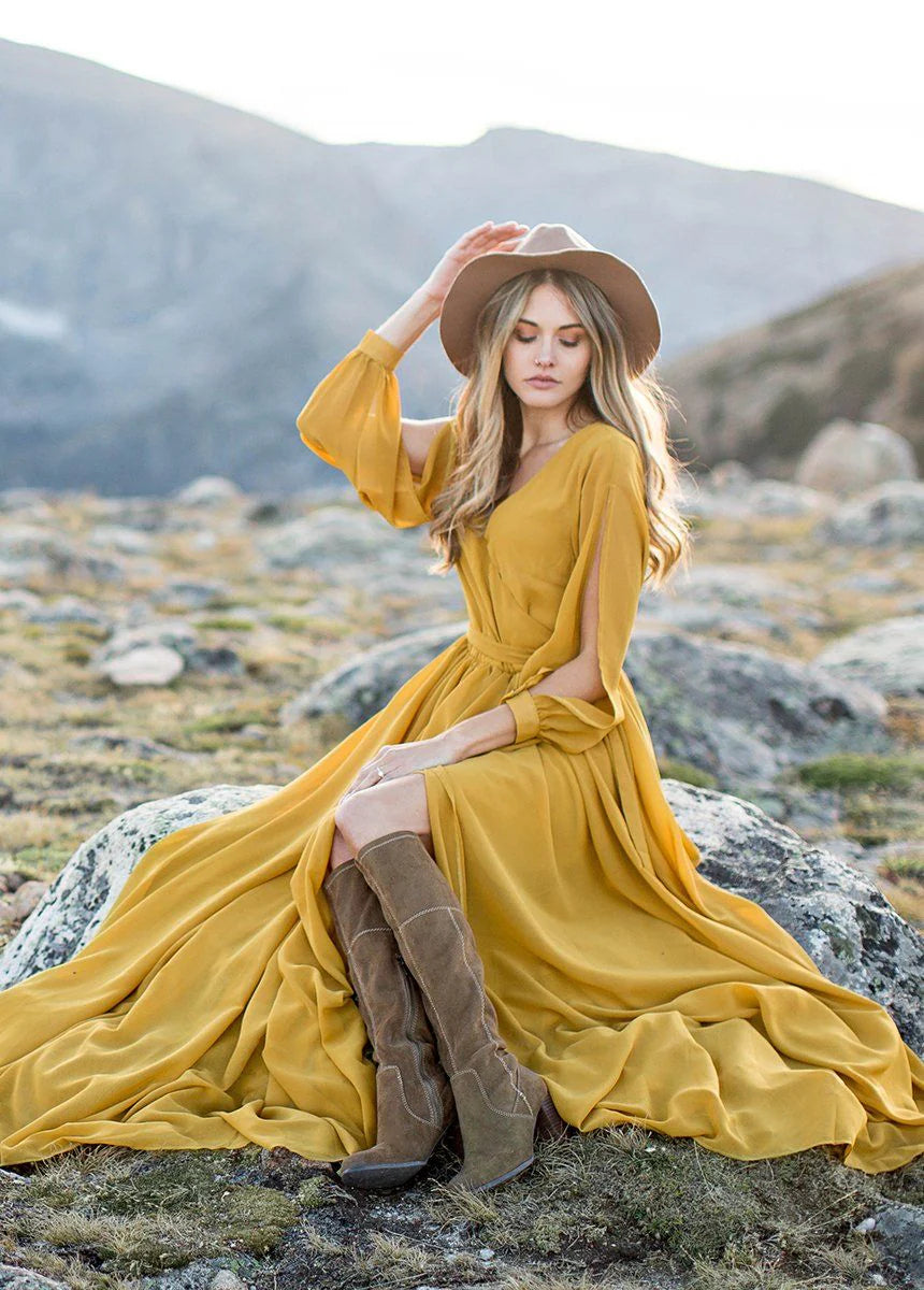 Ladies' boho print split V-neck sexy dress