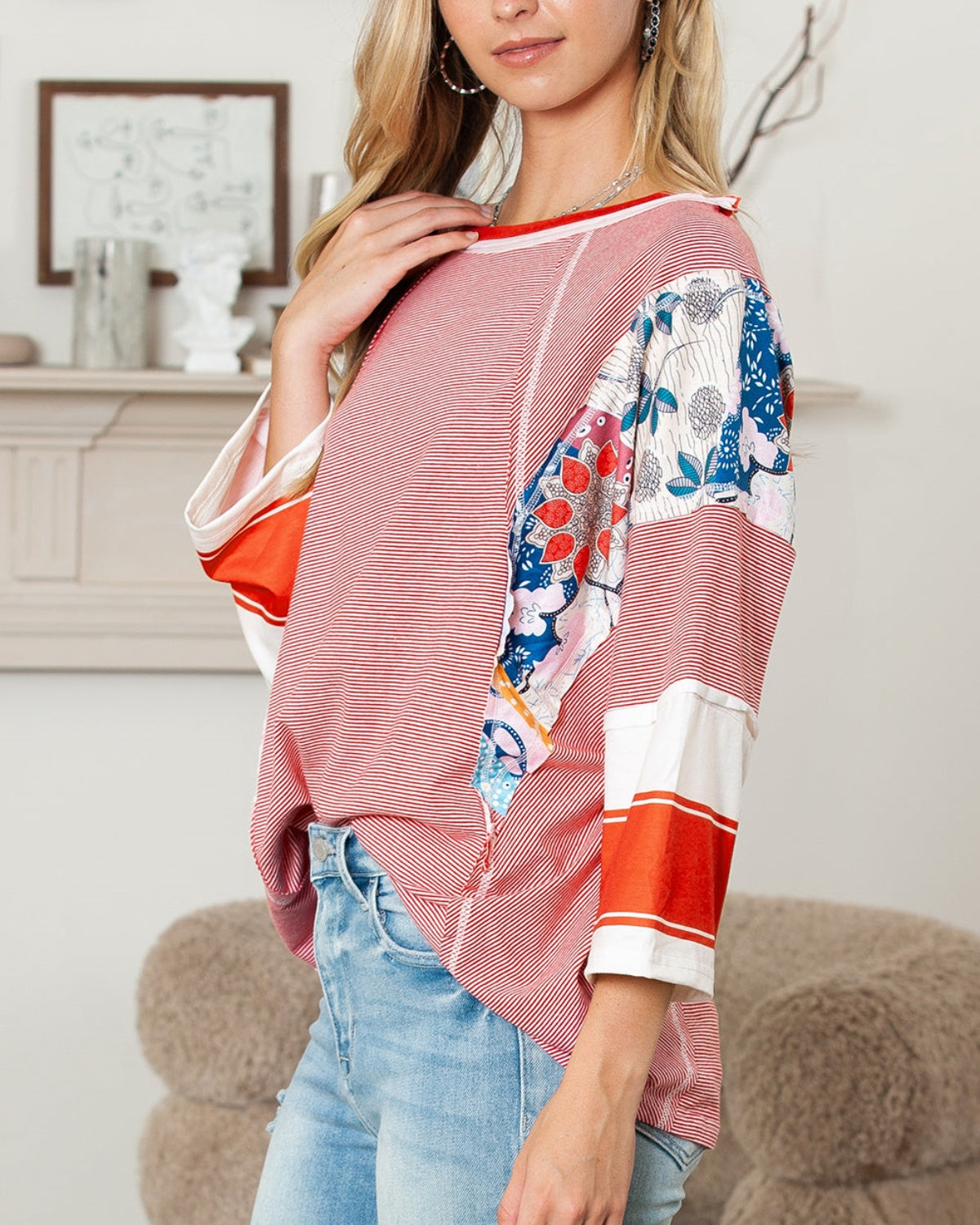 Striped and Floral Patchwork Oversized Top (Buy 2 Free Shipping)