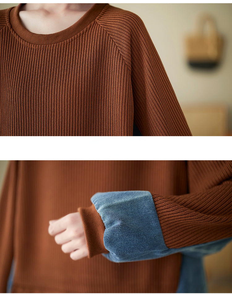 Loose Splicing Round Neck Long Sleeve Fake Two Pieces Sweater