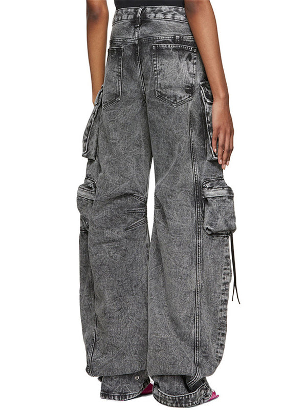 Loose Pleated Pockets Split-Joint Streamer Jean Pants Bottoms