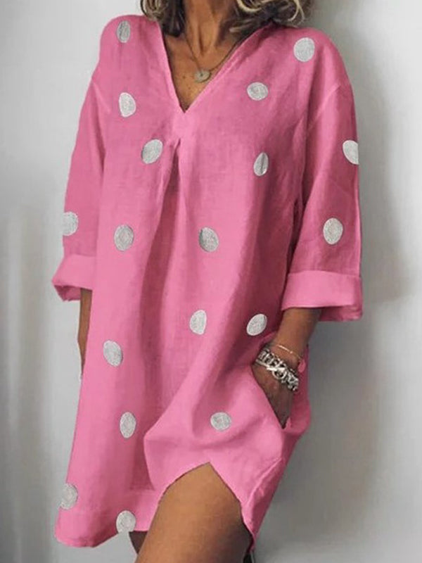 Loose Three-quarter Sleeves Pockets Polka-Dot V-neck Mini Dresses