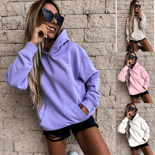 Autumn and Winter long sleeves solid color pullover hooded sweater top women's clothing