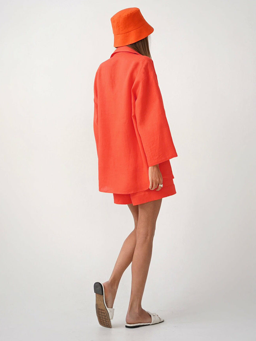 Cotton shorts suit women's lapel loose single-breasted Shirt high waist straight pants two-piece set