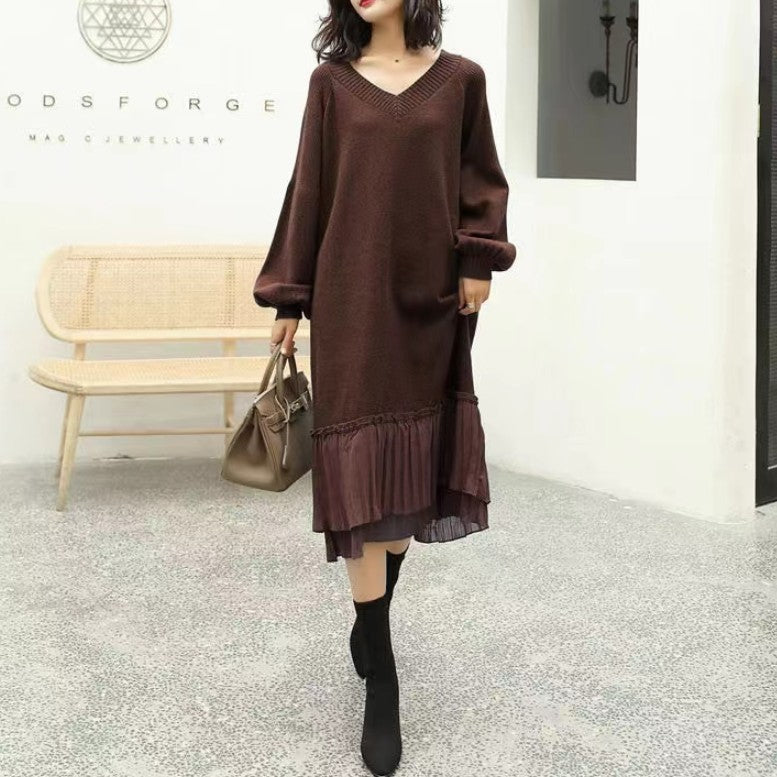 Loose Splicing V-Neck Long Sleeve Sweater Dress
