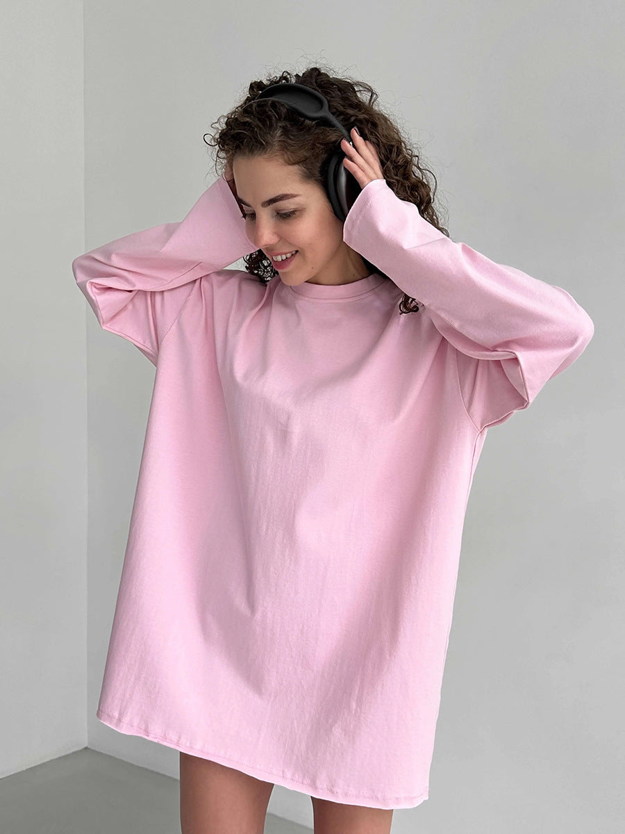 Women's cotton T-shirt spring and autumn loose solid color Oversize round neck long sleeve loose top