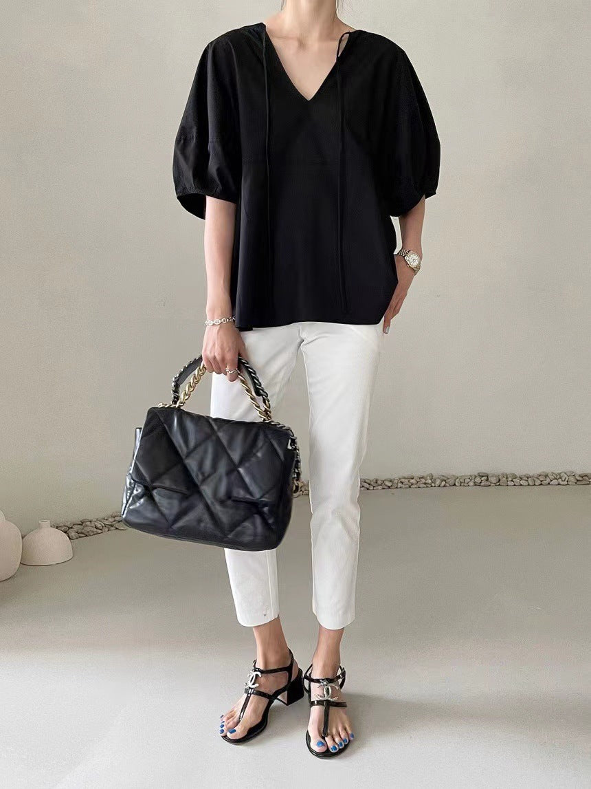 Elegant Round Neck Solid Color Loose Lantern Sleeve Shirt