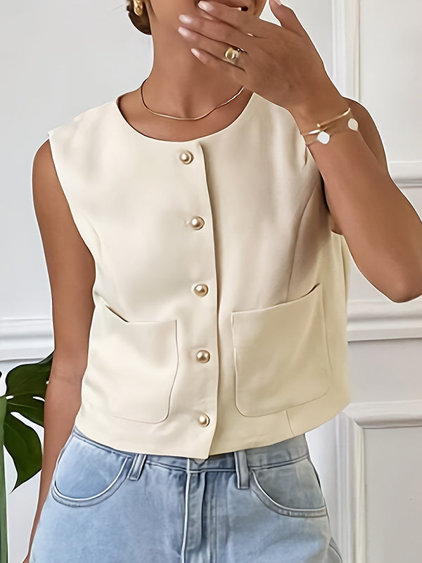 Loose Sleeveless Buttoned Pockets Split-Joint Round-Neck Vest Top
