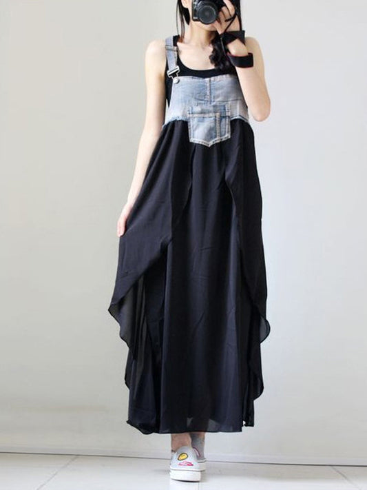 Loose Denim Splicing Suspender Maxi Dress