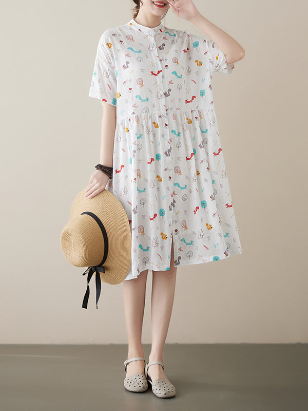 Literary Print Stand Collar Short Sleeve Midi Dress