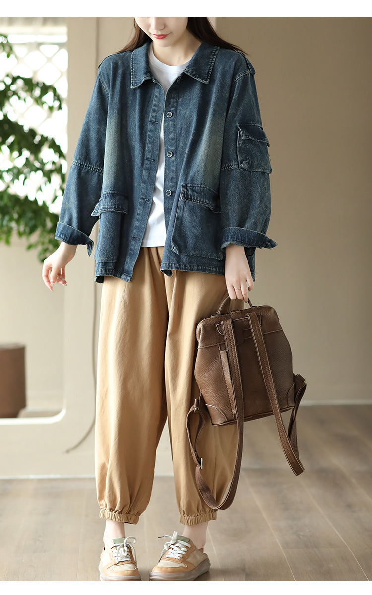 Vintage Splicing Long Sleeve Denim Jacket