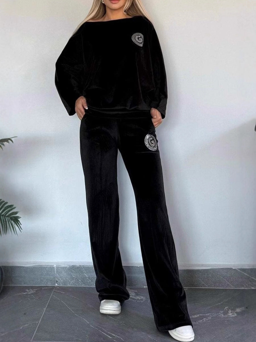 2024 European and American Cross-border Explosions Women's Spring and Autumn Golden Velvet Solid Color Crewneck Bat Sleeve Casual Two-piece Women's Clothing