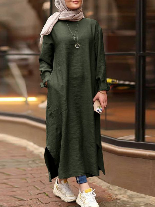 Simple Solid Color Long Sleeve Round Neck Midi Dress