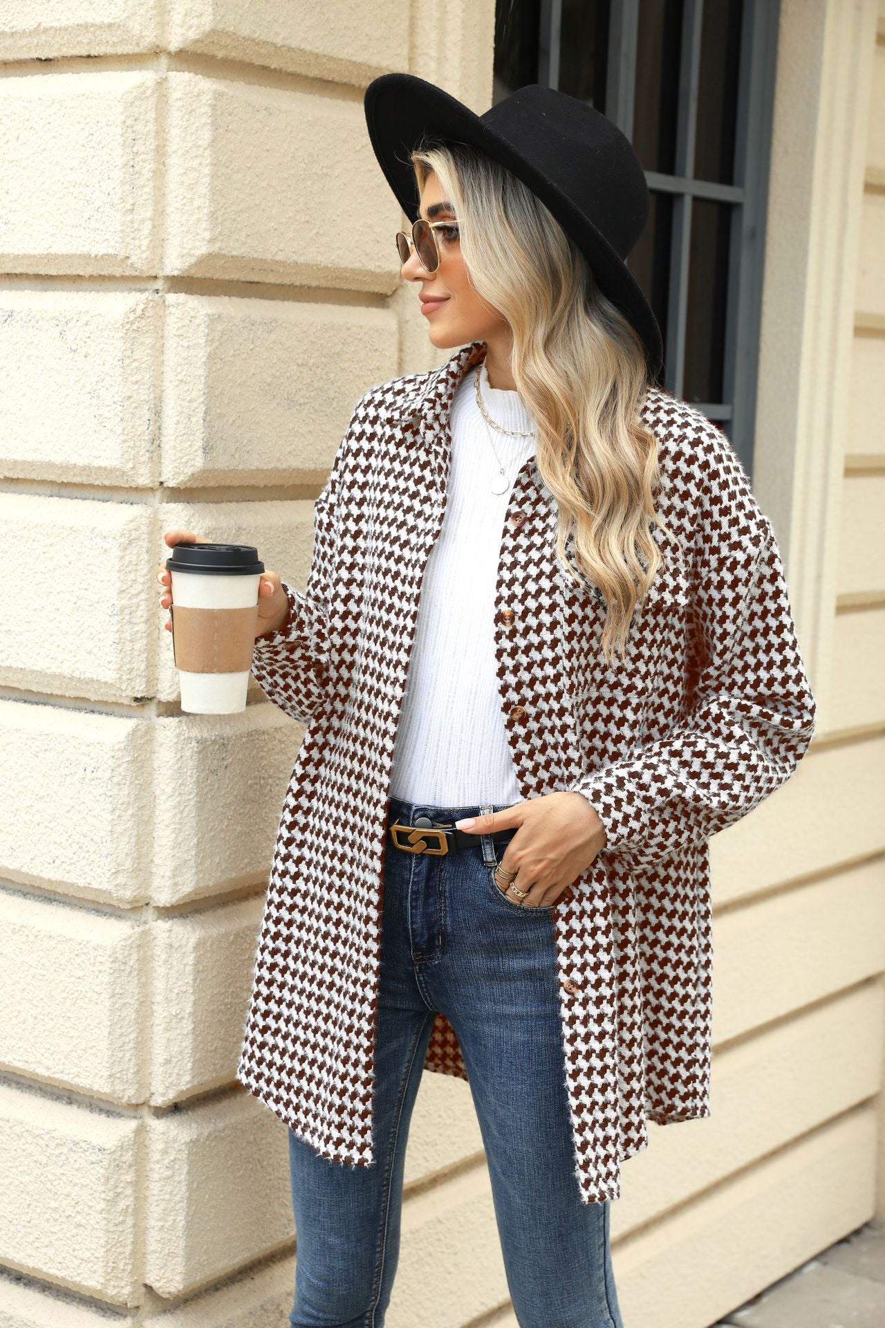 Autumn and Winter houndstooth polo collar top mid-length woolen coat for women