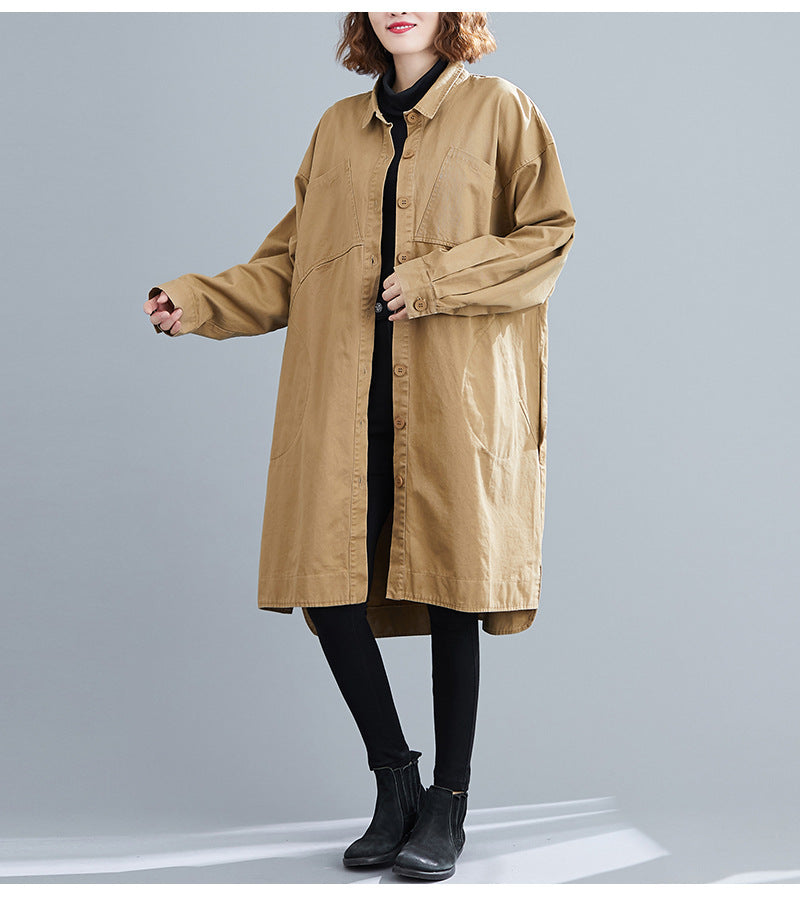 Literary Solid Color Lapel Long Sleeve Trench Coat