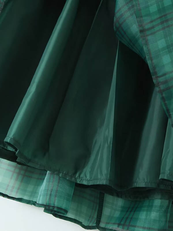 A-Line High Waisted Plaid Pleated Square-Neck Mini Dresses