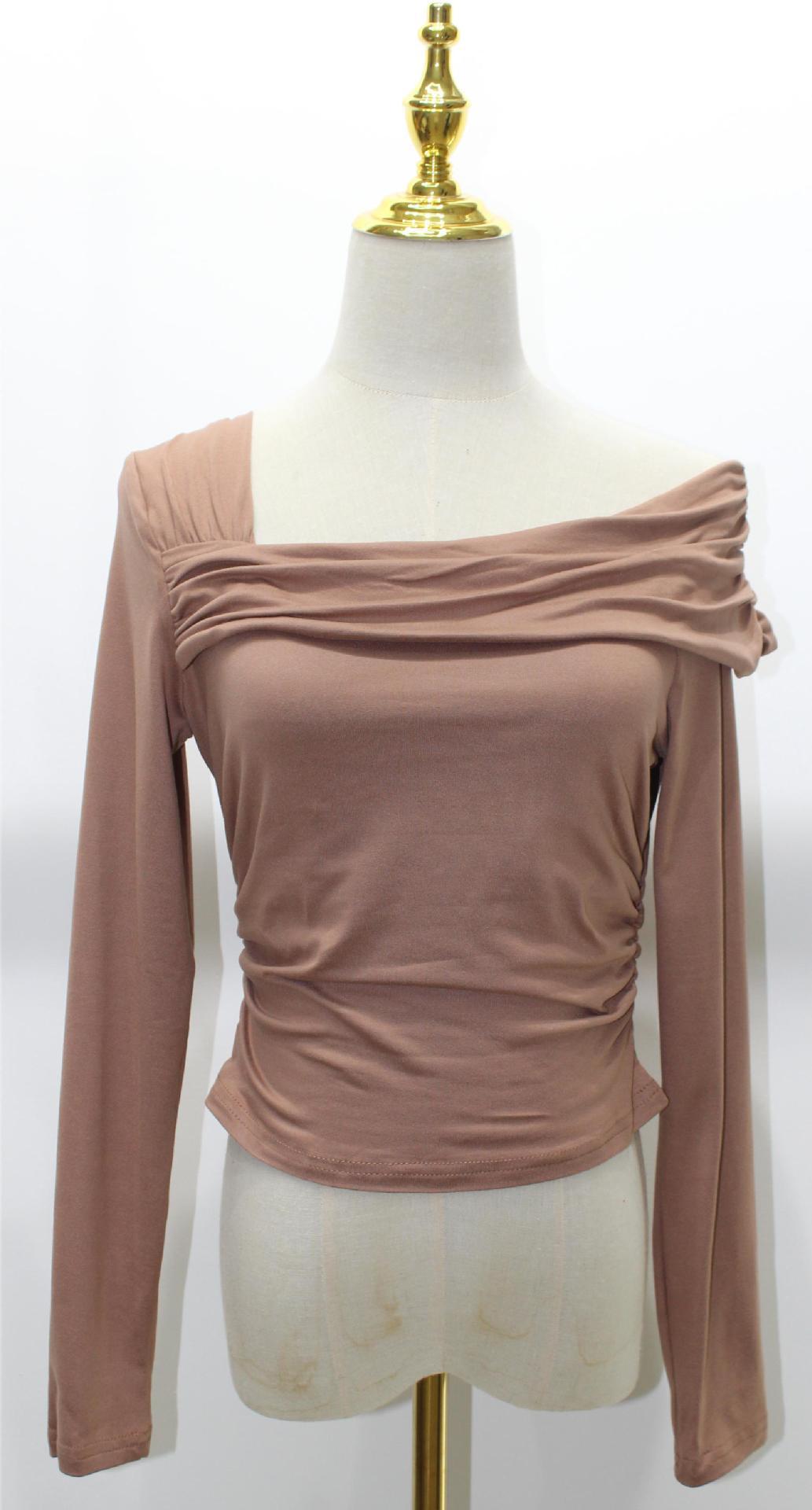 2024 spring and autumn Women's One shoulder long-sleeved top pleated out slim y2g T-shirt