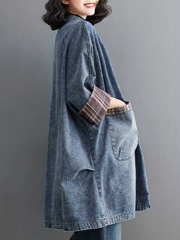 Long Sleeves Loose Buttoned Plaid Pockets Split-Joint V-Neck Denim Outerwear