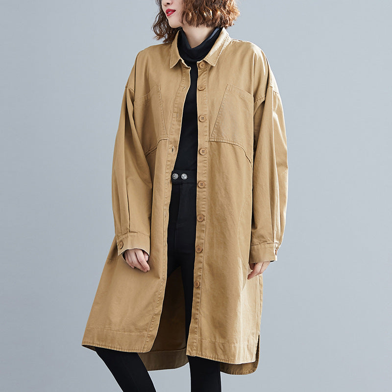 Literary Solid Color Lapel Long Sleeve Trench Coat