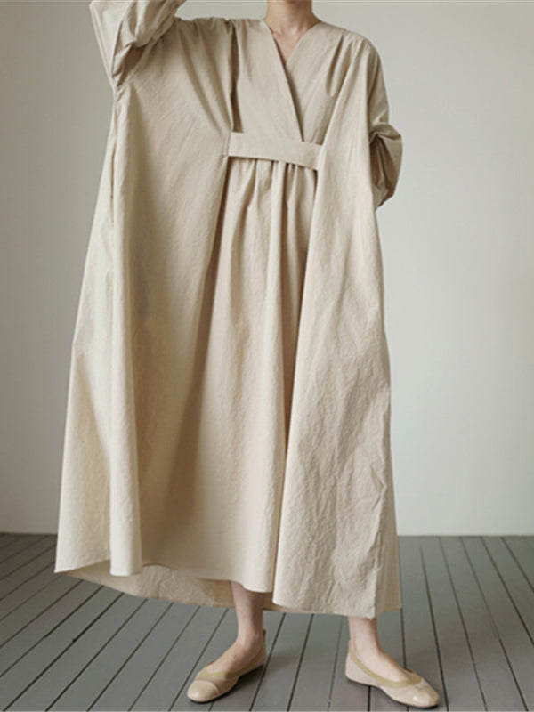 Loose Cross Neck Waist Pleats Long Sleeves Maxi Dress