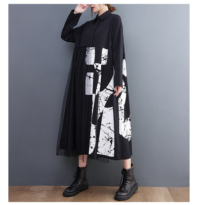 Retro Splicing Mesh Long Sleeve Midi Dress