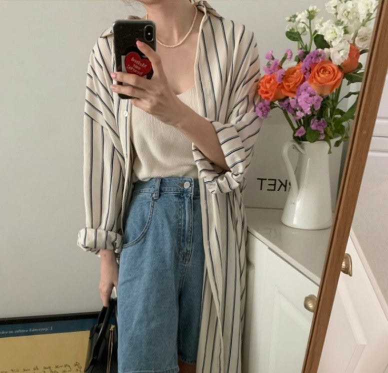 Chic Striped Mid-sleeve Maxi Dress