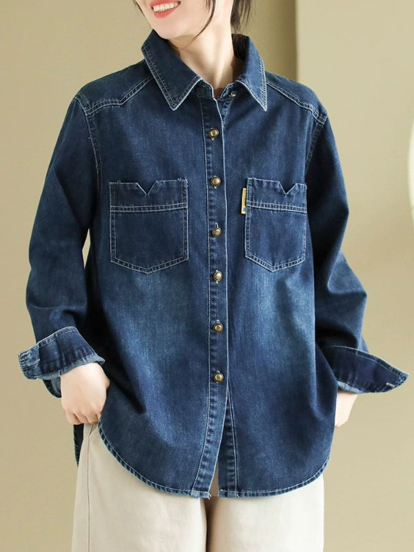 Retro Denim Lapel Long Sleeve Shirt