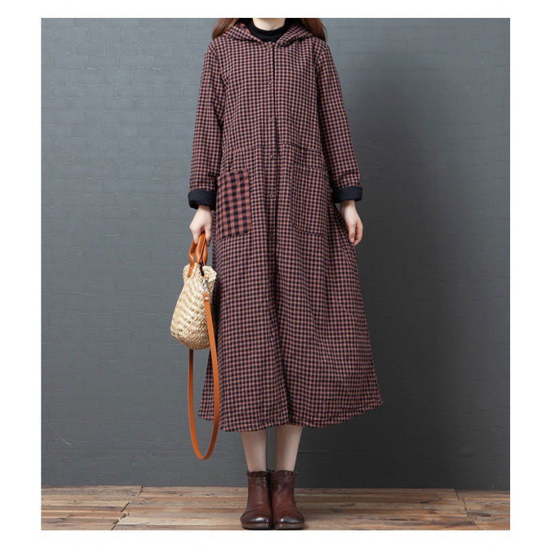 Loose Splicing Hooded Plaid Midi Dress