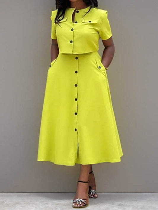 Loose Split-Joint Round-Neck Blouses + A-Line Skirts Two Pieces Set