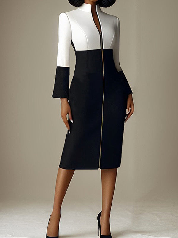 Long Sleeves Contrast Color Split-Joint Zipper Stand Collar Midi Dresses