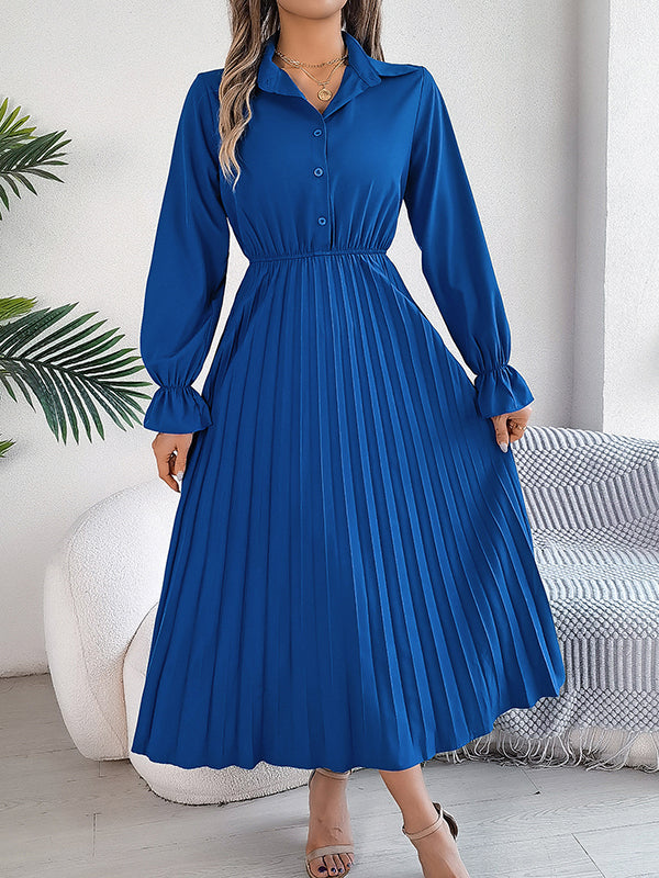 A-Line Flared Sleeves Buttoned Elasticity Pleated Solid Color Lapel Maxi Dresses
