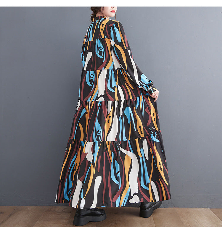 Loose Print Pleated Round Neck Midi Dress