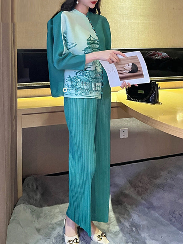 Batwing Sleeves Loose Buttoned Contrast Color Pleated Printed V-Neck T-Shirts Tops