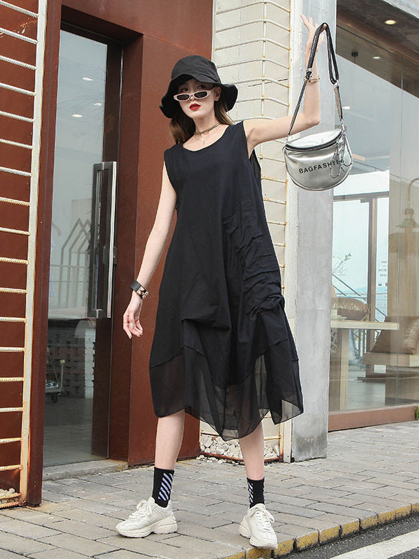 Vintage Patchwork Irregular Sleeveless A-Line Dress