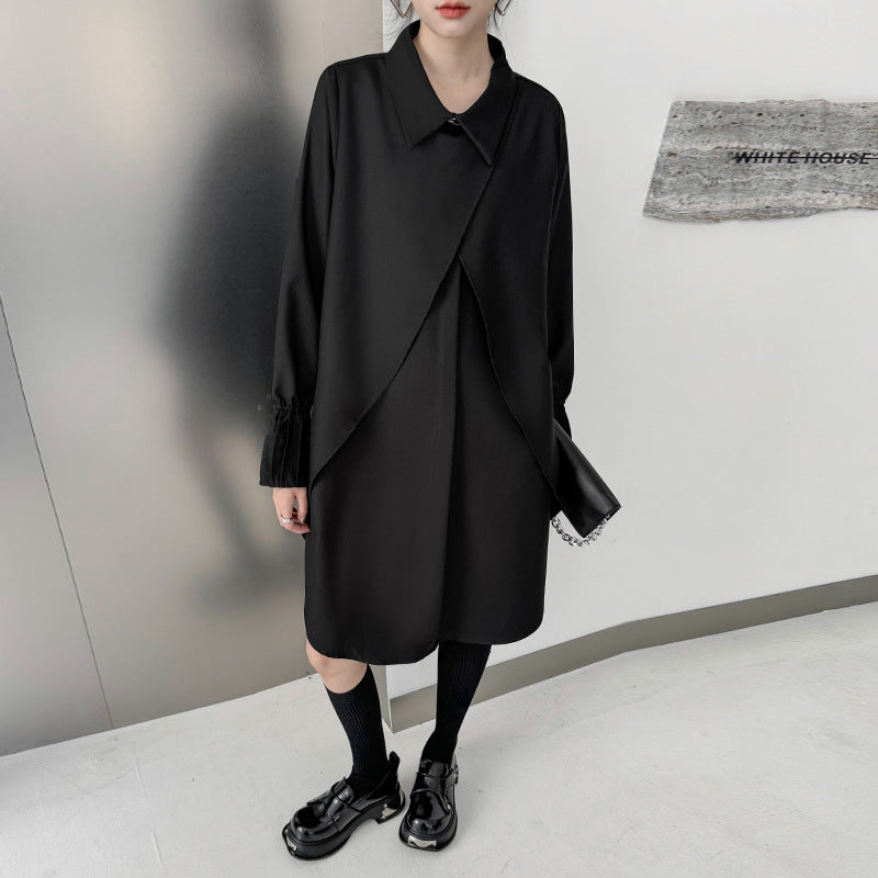 Street Style Fake Two Piece Button Long Sleeve Midi Dress