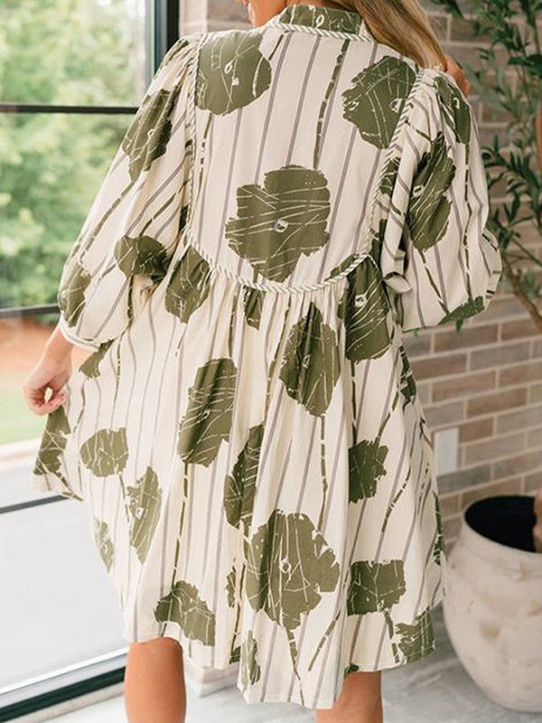 High Waisted Long Sleeves Printed Tied V-Neck Mini Dresses