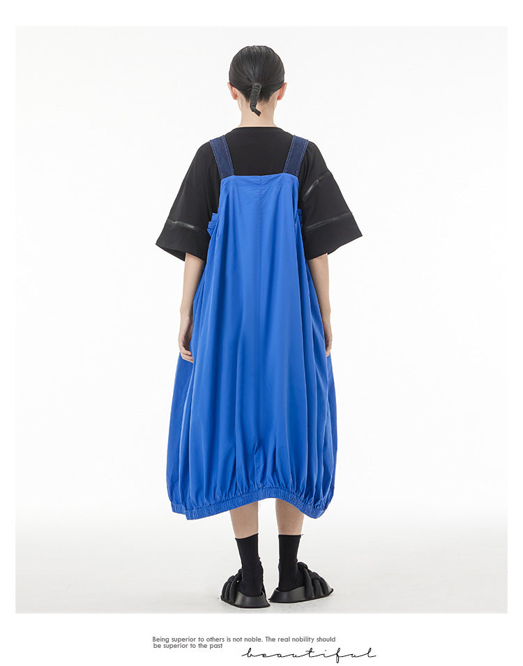 Vintage Splicing Denim Suspender Midi Dress