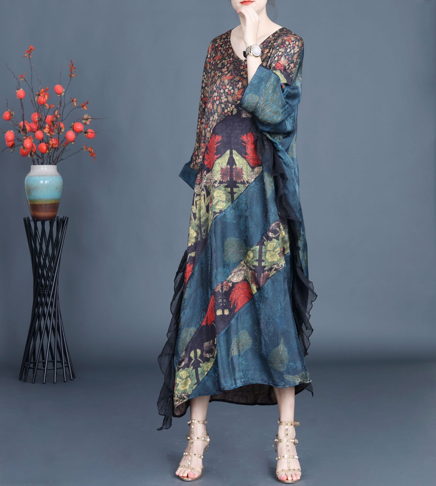 Vintage Jacquard Splicing Bat Sleeve V-Neck Maxi Dress